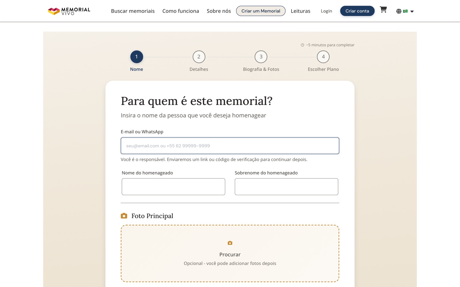 Memorial Vivo — Criar um memorial