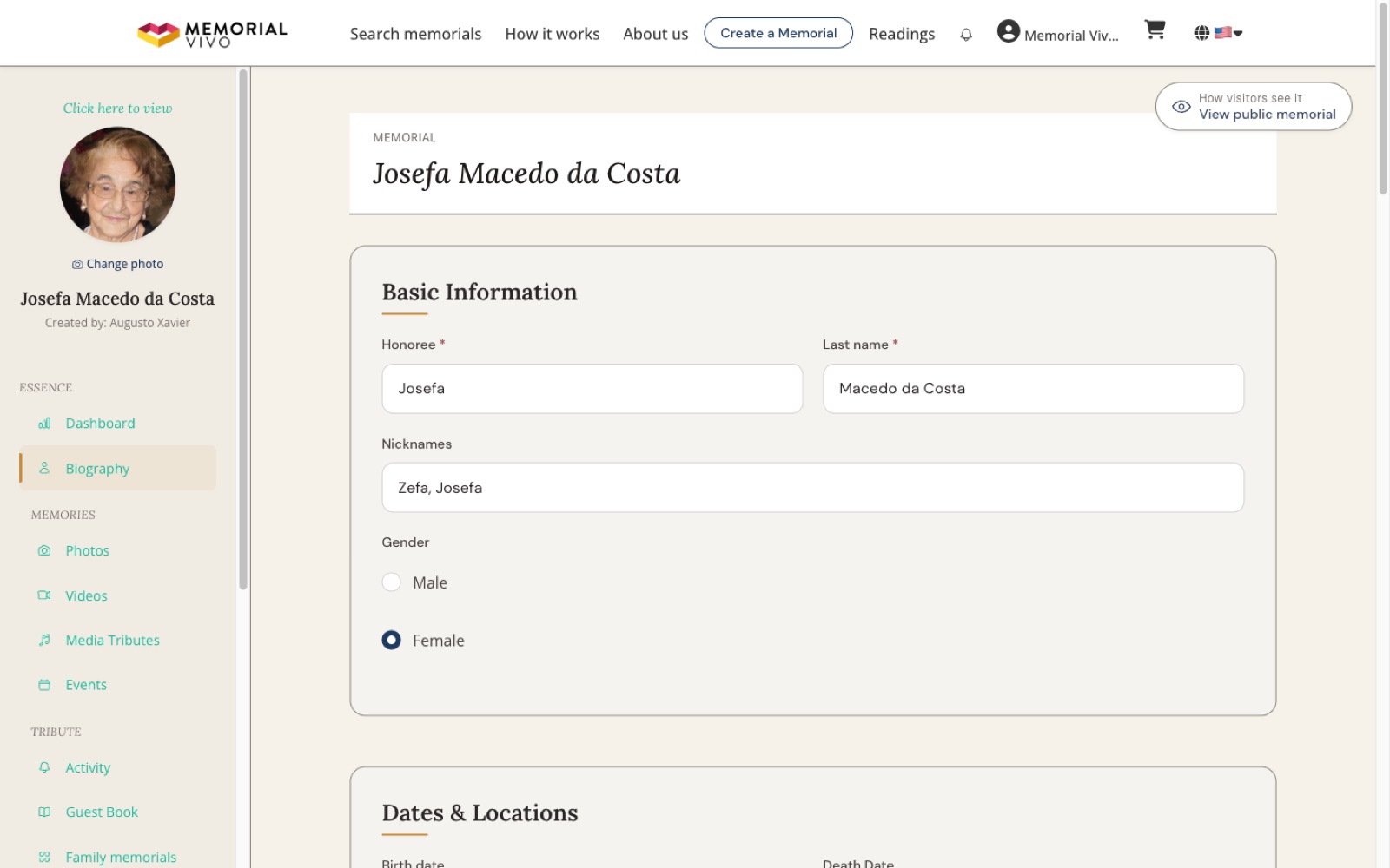 Memorial Vivo — Memorial editor