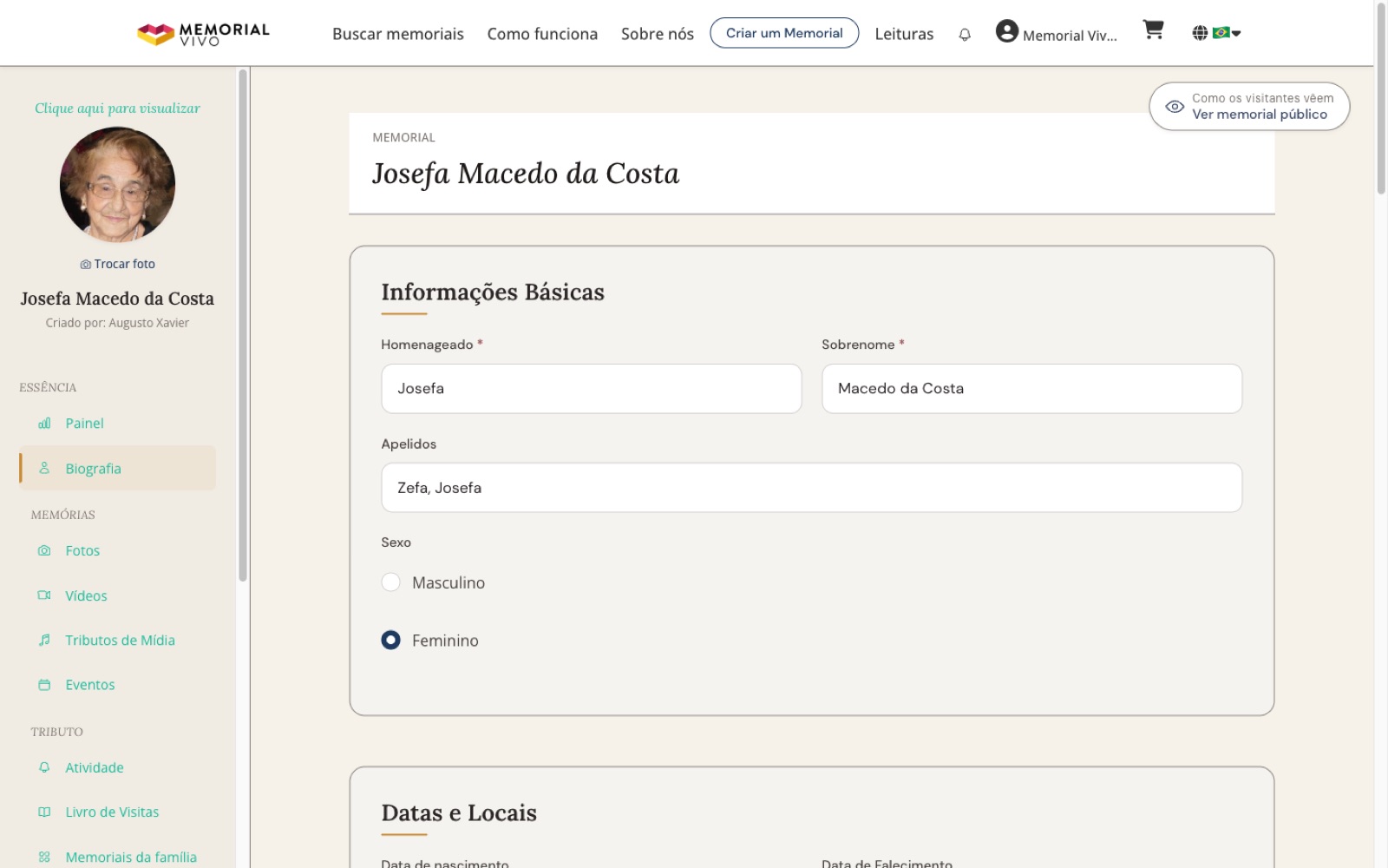 Memorial Vivo — Editor do memorial