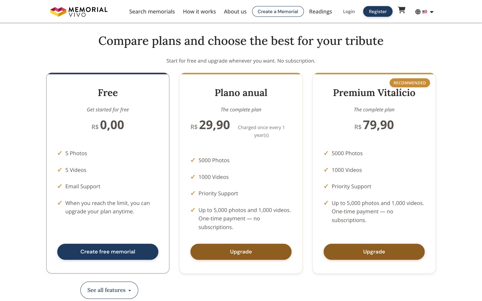 Memorial Vivo — Plans & pricing