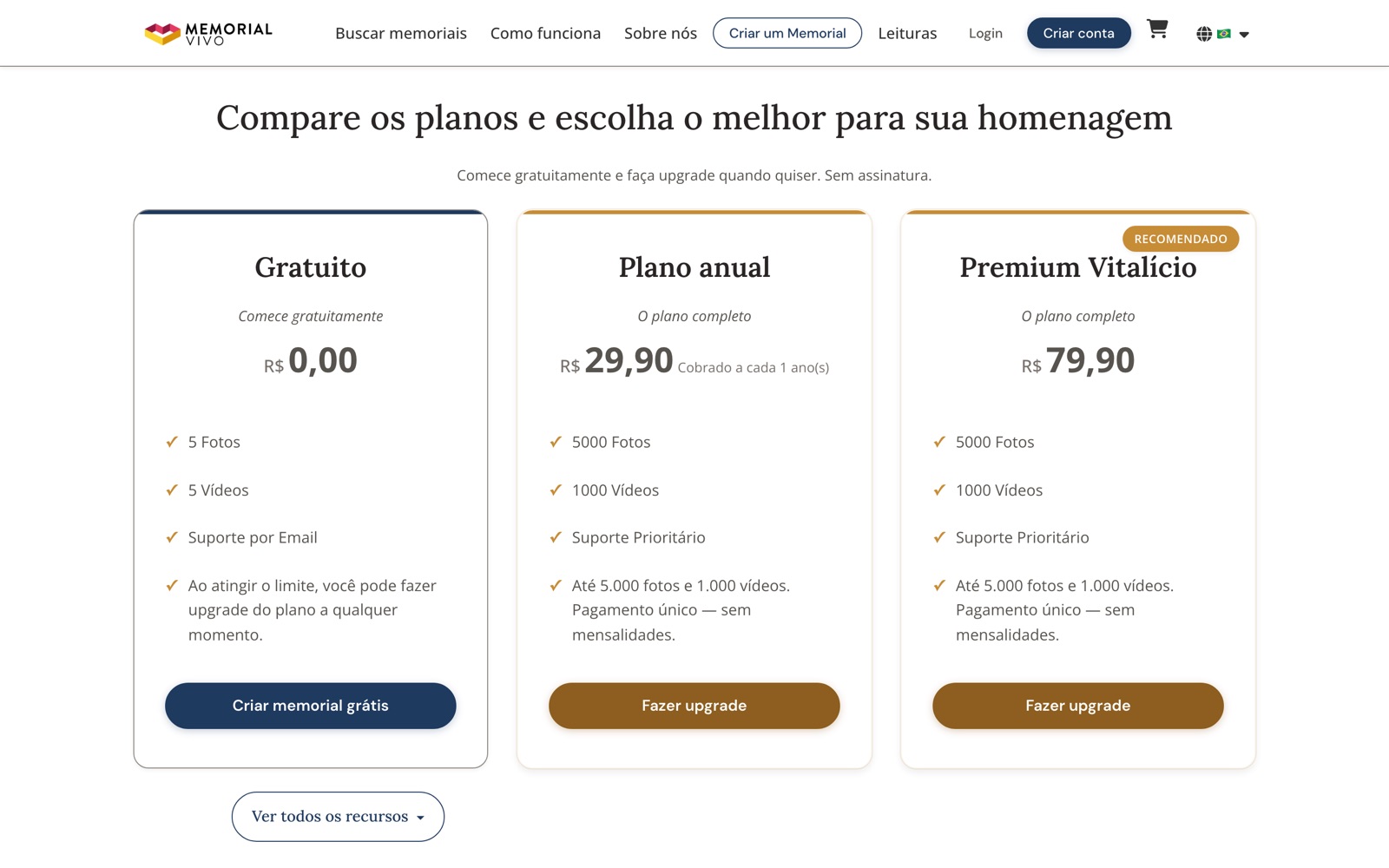 Memorial Vivo — Planos e preços